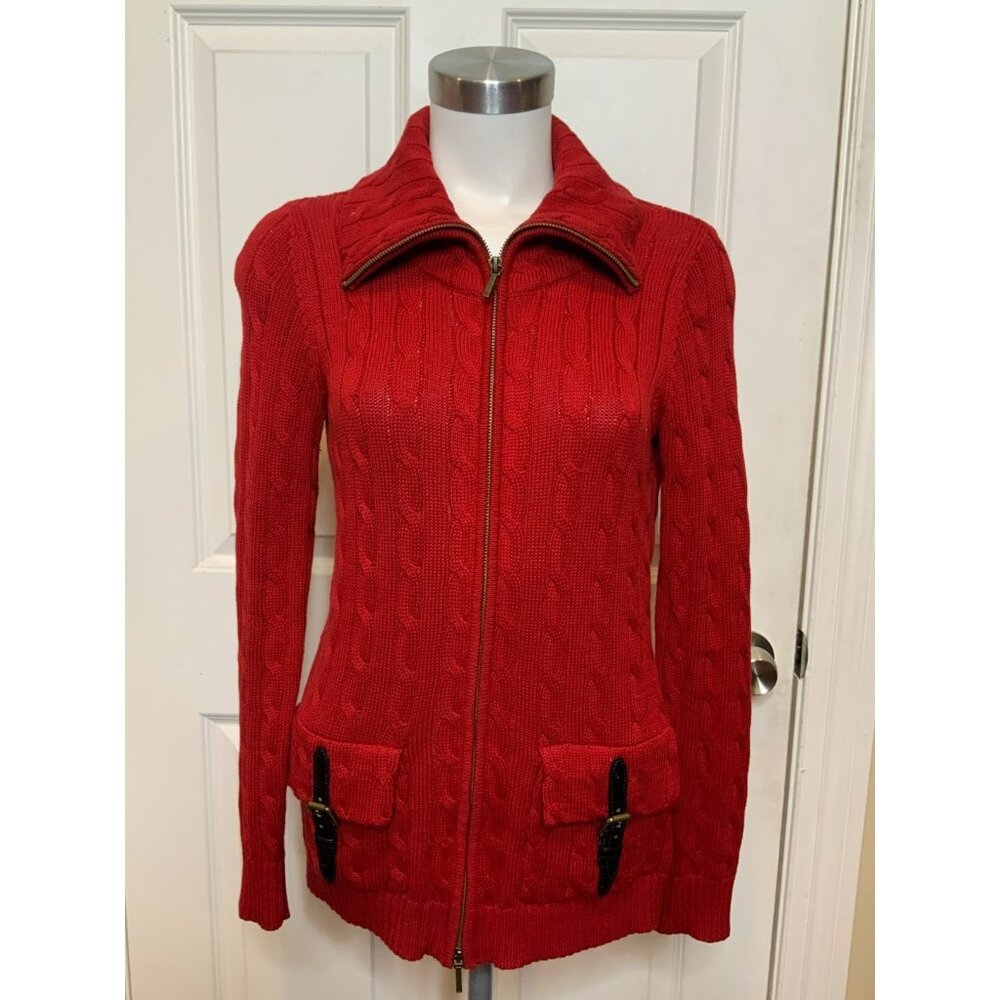 Lauren Ralph Lauren Red Cable Knit Turtleneck Zip-Up Cardigan Sweater, Size PXS